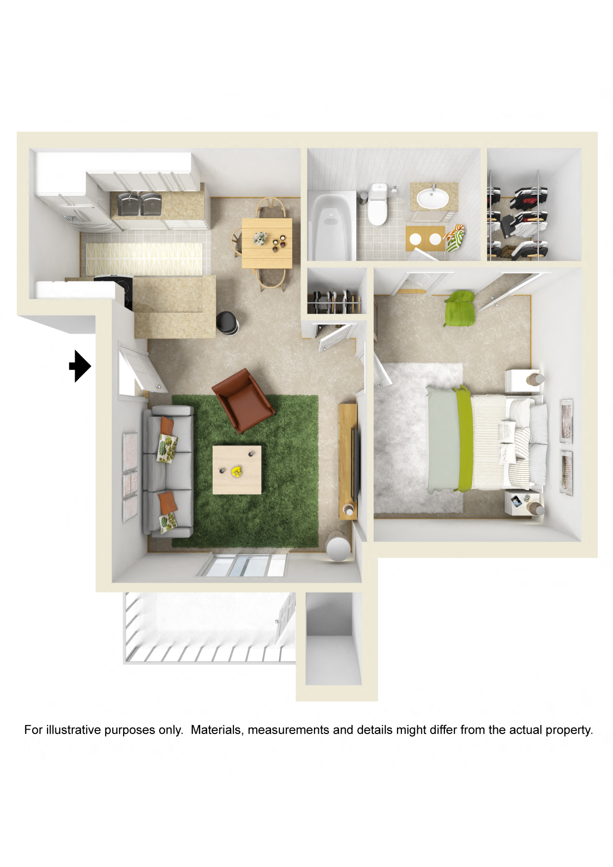 Floor plan for 1 bed, 1 bath, 551 sqft
